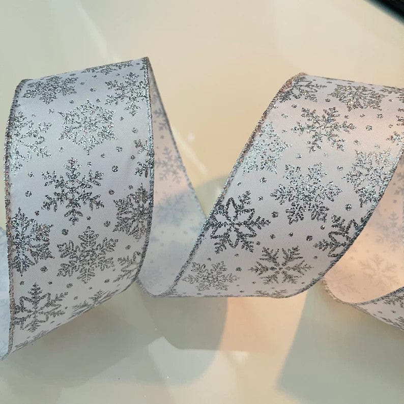 1m x 63mm Wired Pretty Satin Christmas Ribbon White with Silver Glitter  Swirls