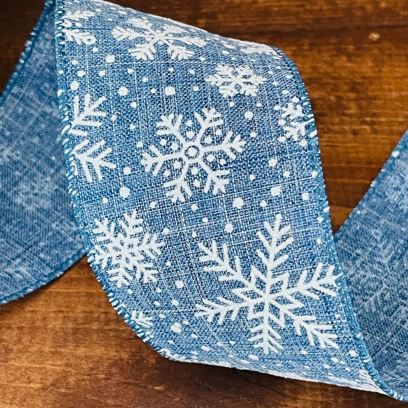 10 Yards - 2.5” Wired Blue and White Glitter Snowflake Ribbon