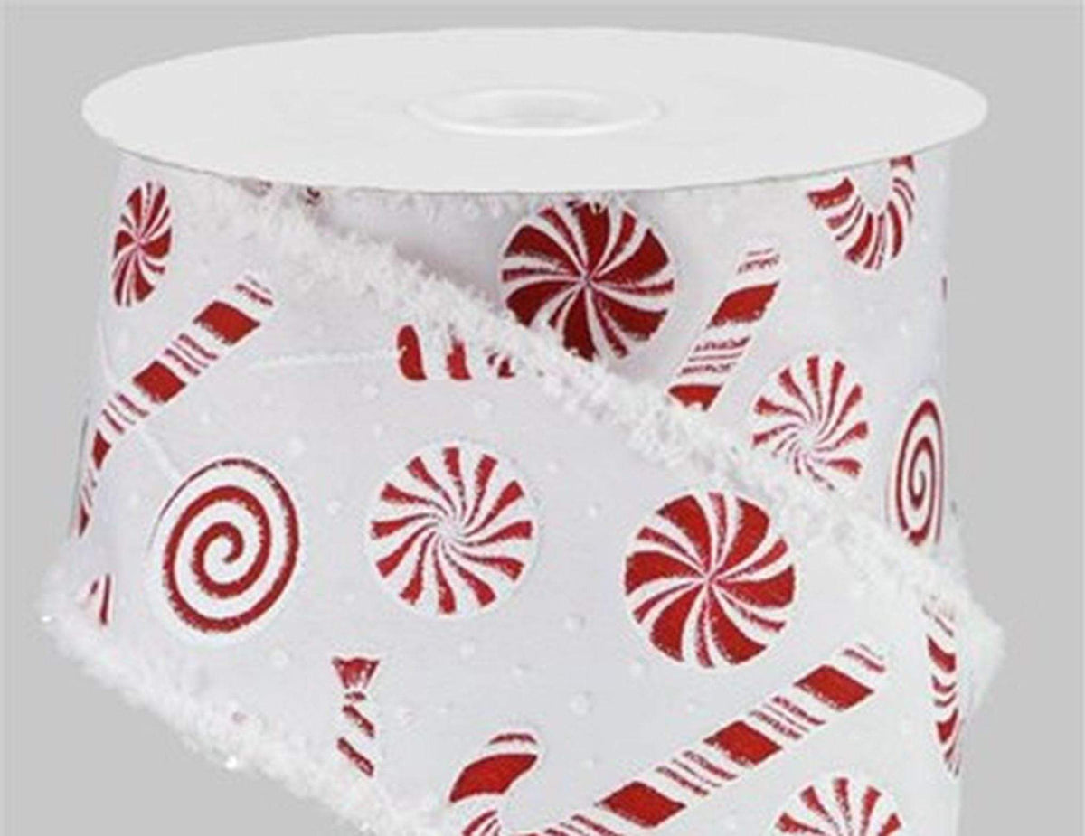 Ribbon Traditions Candy Canes on White Wired Ribbon 2 1/2 by 25 Yards