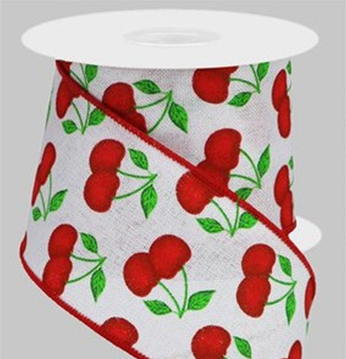 Wired Cherry Ribbon - 2.5 inch White Canvas Ribbon with Bright Red