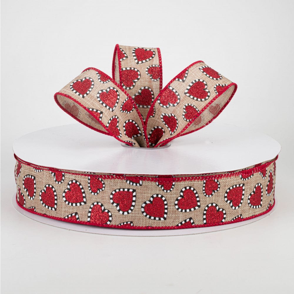 1.5 White and Red Hearts Satin Ribbon - 50 Yards