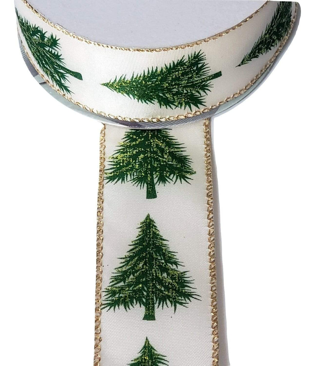 1.5 x 10 yds Cream Satin Ribbon with Christmas Trees, Wired Christmas Ribbon