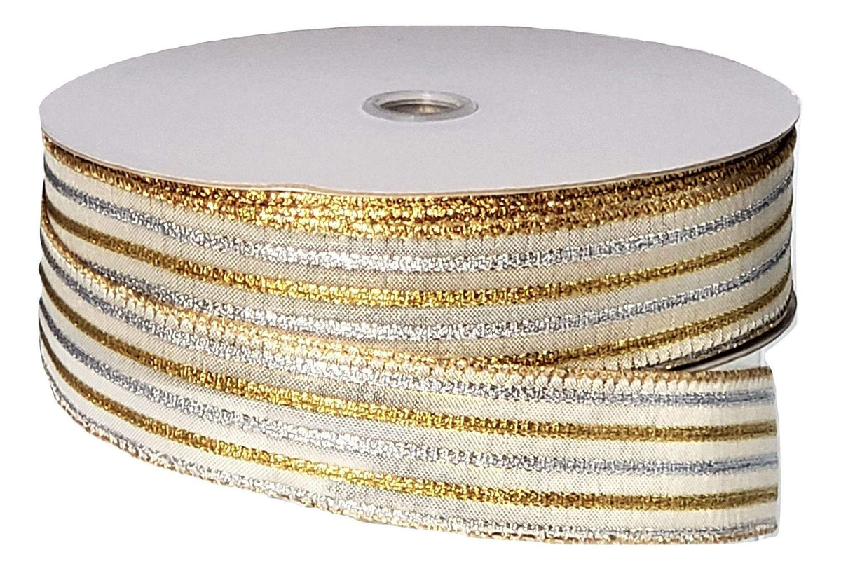 Cream Ribbon with gold Gliiter scallop design 63mmx 10yd wire edge
