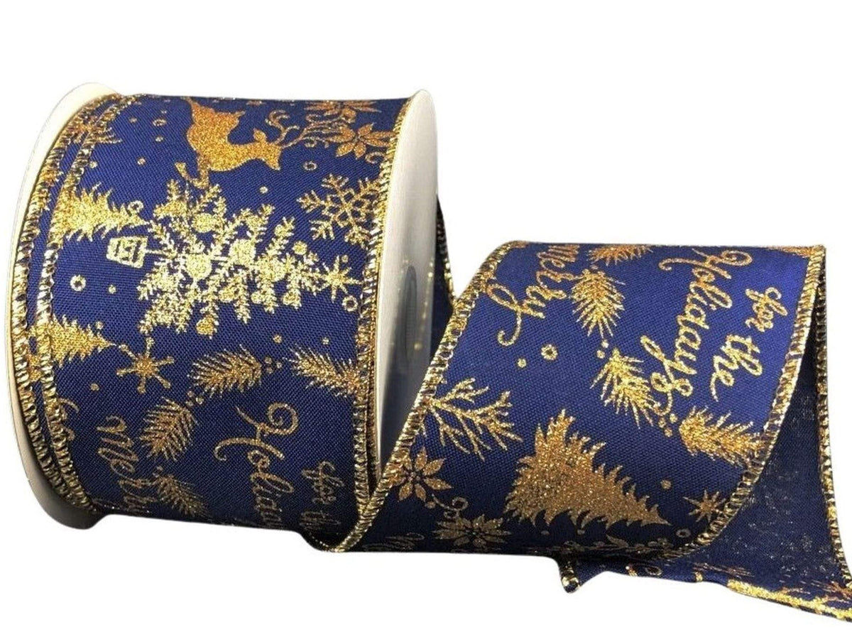 2.5” x 10 Yard Gold Reindeer/Snowflake Christmas Ribbon