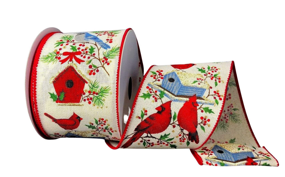 2.5 Cream Linen Ribbon with Red Cardinals & Blue Birds Resting on