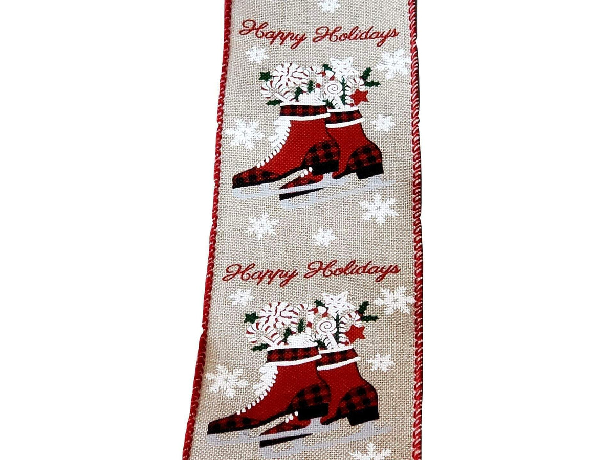 10 Yards - 2.5 Wired Black and Red Check Background Winter Ice Skates  Ribbon with Snowflakes and Glitter Accent