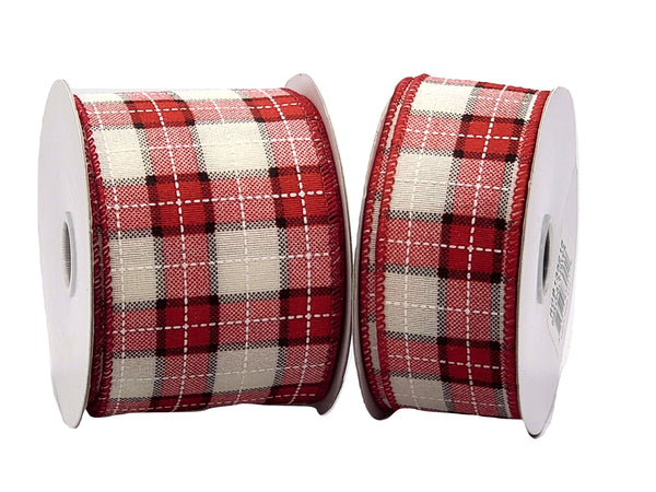 1.5 x 10 yds Red & Grey Tweed Type Plaid Ribbon, Wired Christmas Ribbon