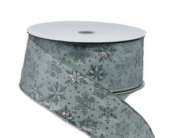 2.5 x 10yds White Satin Ribbon with Silver Glitter Snowflakes, Wired  Christmas Ribbon