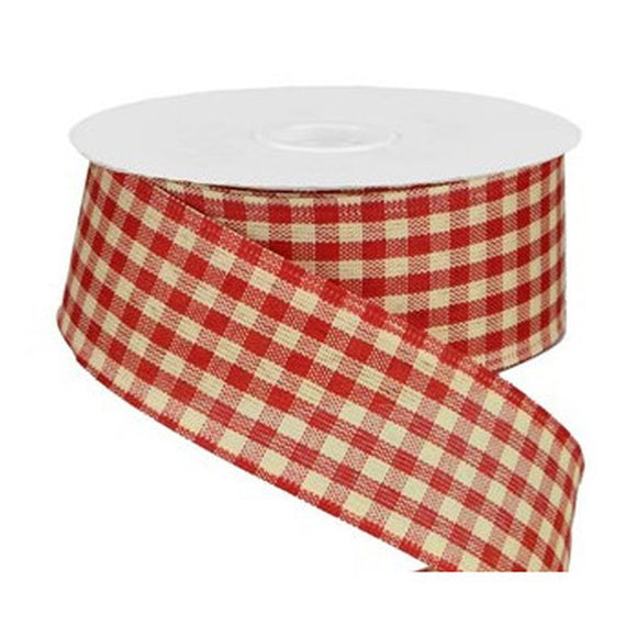 Red and white gingham check printed on7/8 white grosgrain ribbon, 10 yards