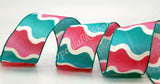 Jascotina Checks 1.5 inch or 2.5 inch Aqua & Pink Wavy Ribbon  - 10 Yards