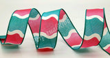 Jascotina Checks 1.5 inch or 2.5 inch Aqua & Pink Wavy Ribbon  - 10 Yards