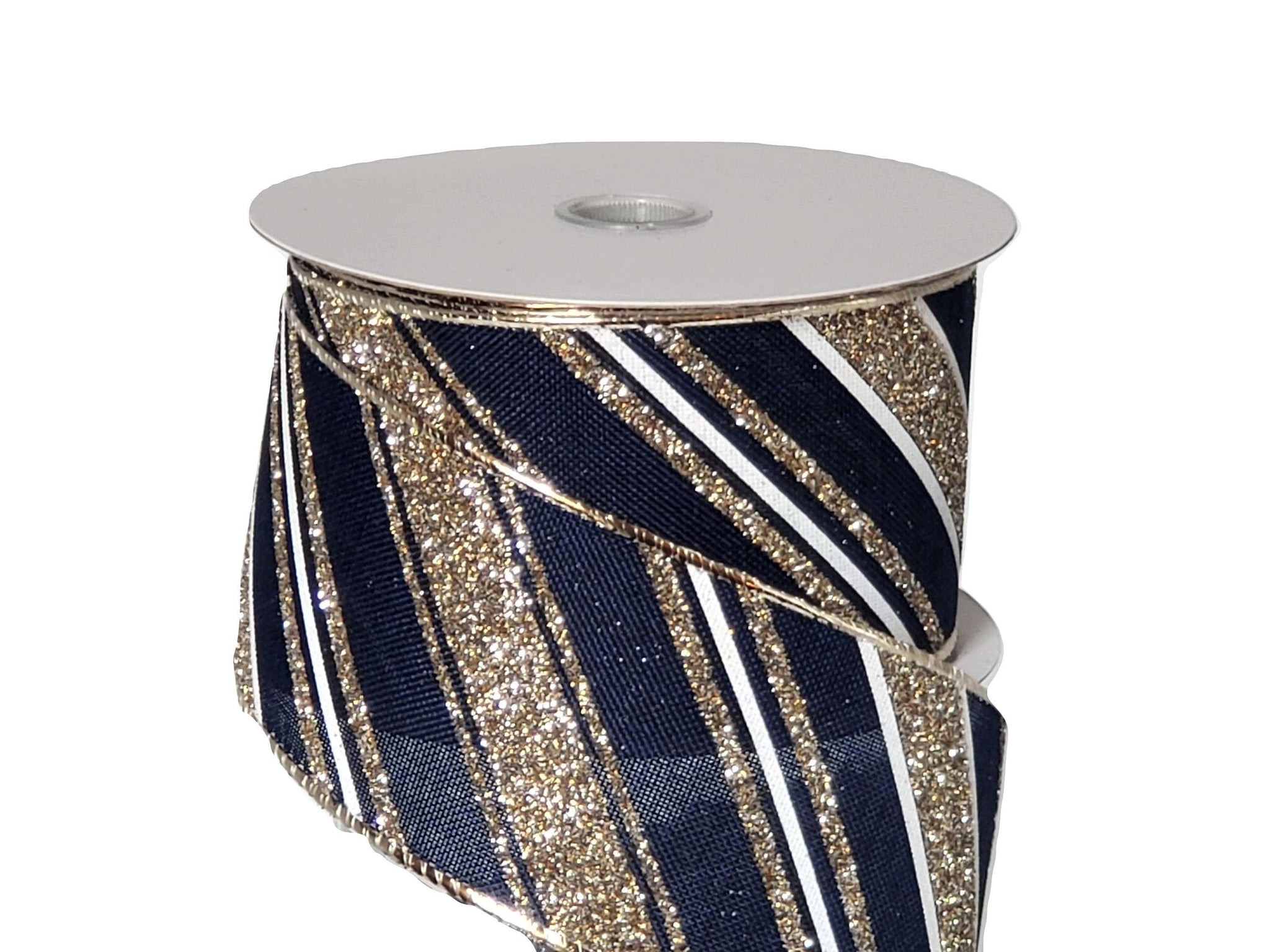 Navy Ribbon with Glittered Gold and Silver Stripes 1.5” x 10 Yards, Ribbon  for Wreaths, Crafts or Floral Designs RGC195319