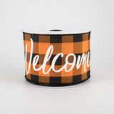 Jascotina Halloween 10 Yards - 2.5" Orange & Black Buffalo Check Ribbon with "Welcome" written in White Script - Wired Halloween Ribbon