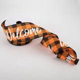 Jascotina Halloween 10 Yards - 2.5" Orange & Black Buffalo Check Ribbon with "Welcome" written in White Script - Wired Halloween Ribbon