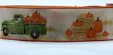 PerpetualRibbons Autumn 2.5 inch Green Farm Truck Carrying Pumpkins on Natural Ribbon - 10 Yards