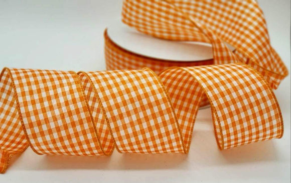 Checkered Ribbon with Woven Edge - Orange and White - 1 1/2 Inch