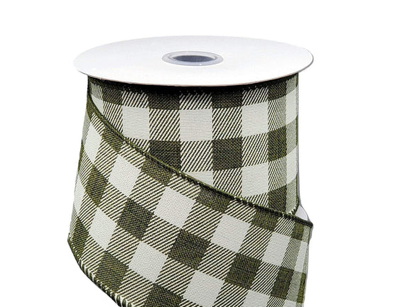 PerpetualRibbons Checks Wired Check Ribbon - 2.5 inch Moss Green & White Buffalo Check Ribbon - Canvas Ribbon - 10 Yards