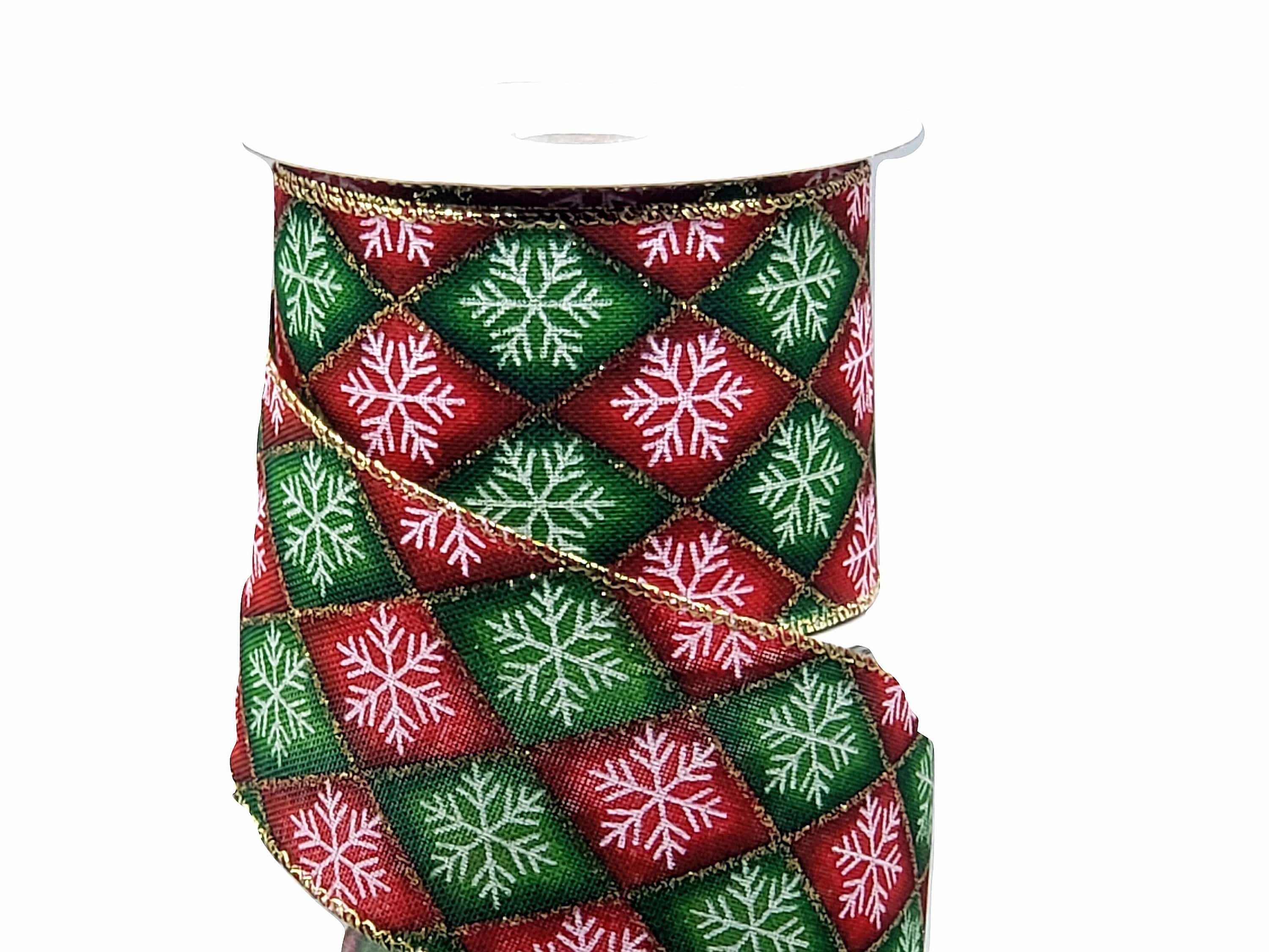 2.5 Wired Harlequin Christmas Ribbon - Dark Red & Green Diamond