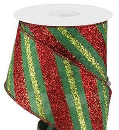 2.5 inch Green Canvas Ribbon with Diagonal Red & Gold Glittered Stripes -  10 Yards