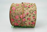 PerpetualRibbons Floral 2.5 1.5 or 2.5 inch Dark Natural Canvas Ribbon with Light Pink & Dark Pink Roses - 10 Yards