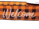 PerpetualRibbons Halloween 10 Yards - 2.5" Orange & Black Buffalo Check Ribbon with "Welcome" written in White Script - Wired Halloween Ribbon