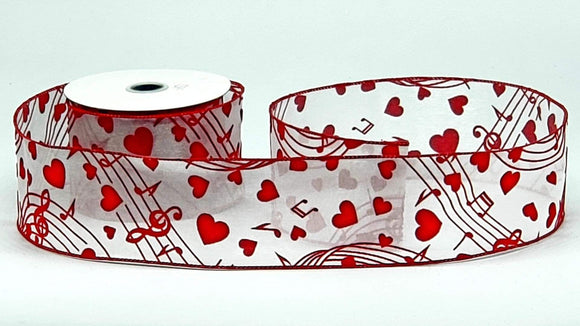 Valentines 1.5 by 2 yd Wired Ribbon Shiny Red Glitter Hearts Black White  Trim