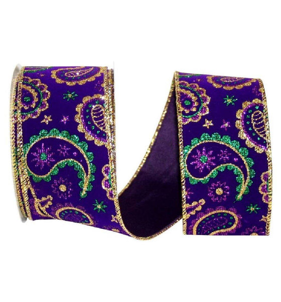 Wired Velvet Mardi Gras Ribbon - 2.5 Purple Velvet Paisley (Purple, Gold &  Green Glitter) Pattern - 10 Yards